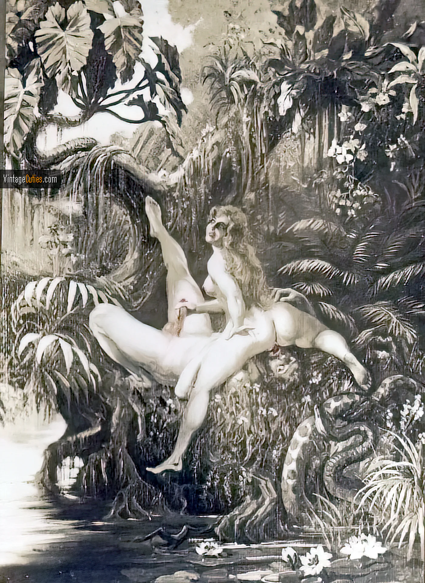 Classic Adam and Eve goes down on each other in the garden